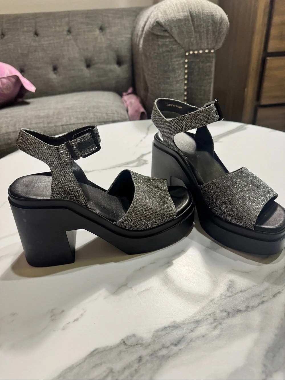 Robert Clergerie Silver Glitter Platform Sandals with Black Chunky Heel
